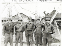 PW Stockade (George Yanagawa and “mainland boys” George Maeda, Bill Higashiyama, Roy Sato, and R. Yamakuchi) in Leghorn, Italy. (February 15, 1946). [Courtesy of Dr. Takashi Manago]