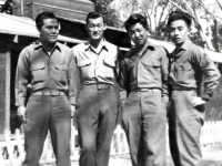 (L-R) Yoshiaki Murakami, Takashi Manago, Roy Sato, and George Maeda in Leghorn, Italy (April 25, 1946). [Courtesy of Dr. Takashi Manago]