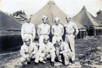 Camp McCoy. Front Row (L-R): Roy Nakada (Co. E / MIS), Thomas Higa (Co. E), Afuso. Back Row (L-R): Narusaki, Kobashigawa, Umebayashi, Higa (KIA). (August 3, 1942) [Courtesy of: Thomas Taro Higa Family Collection]