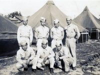 Camp McCoy. Front Row (L-R): Roy Nakada (Co. E / MIS), Thomas Higa (Co. E), Afuso. Back Row (L-R): Narusaki, Kobashigawa, Umebayashi, Higa (KIA). (August 3, 1942) [Courtesy of: Thomas Taro Higa Family Collection]