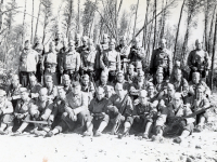 3rd Platoon, Co. E, 100th Inf. Bn., at Camp McCoy, Wisconsin. Thomas Taro Higa seated in front row; far right. (1942) [Courtesy of: Thomas Taro Higa Family Collection]