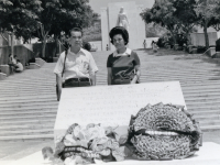 Mr. and Mrs. Richard Miyashiro (Co. B) at the 30th Anniversary Convention Memorial Service, held at Punchbowl Cemetery. (June 11,  1972) [Courtesy of: Thomas Taro Higa Family Collection]