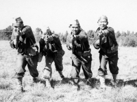3rd Platoon, Co. E, 100th Inf. Bn., at Camp McCoy, Wisconsin (1942) [Courtesy of: Thomas Taro Higa Family Collection]