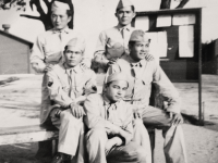 Tokuichi Hayashi (back row; on left). “The ‘Big Five’ - Camp McCoy. S. Higa – Honolulu, Takeo Ige – Waipahu, Masaru  Donald Tomasa – Waialua, Tokuichi Hayashi – Aiea, Jovani K. Higa - Ewa” (Courtesy Kathi Hayashi)
