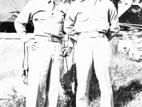 Nishie and Nori at Camp McCoy, Wisconsin. Inscription: Pfc. (Monte) Nishie Pf. Nori (Courtesy of Alvin Tsukayama)