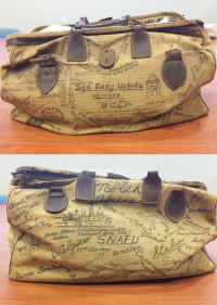 Gary Uchida’s travel bag with an illustrated record of his U.S. Army experiences. [Courtesy of Janice Uchida Sakoda]