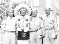 Chief GoGeweosh, Paul Shimabukuro, Sadao Hikida and Gary Uchida. [Courtesy of Janice Uchida Sakoda]