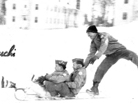 Sgt. Goro Moriguchi, Tom Fujise and Gary Uchida go sledding at Camp McCoy, Wisconsin, winter 1942. [Courtesy of Janice Uchida Sakoda]