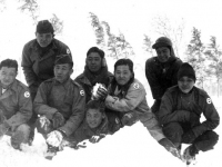 100th Battalion soldiers play in the snow, Camp McCoy, Wisconsin. [Courtesy of Janice Uchida Sakoda]