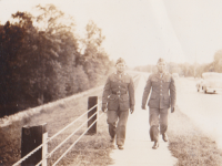 Yoshio Saito (Co. A) on right, with friend. [Courtesy of Barbara Hanai]