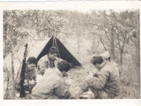 Playing Hearts at Camp McCoy in November 1942.  Clockwise: S. Teruya, R. Taomae, Yutaka Inuoye, Clarence, Kawano