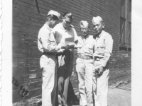 Yamada, Komodo, and Hirayama get Bob Eberly’s (center) autograph at stage entrance to Riverside theater in Milwaukee, Wisconsin, August 1942 [Courtesy of Sandy Tomai Erlandson]