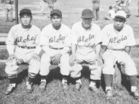 Infielders on the Aloha team: Fumi Taniyama, Hamamura, Fred Wada, Tod Ohta. [Courtesy of Sandy Tomai Erlandson]