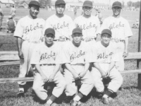 Pitching Staff on the Aloha Team. Standing (l-r): M. Okazaki, S. Tanigawa, M. Omori, D. Suzuki. Sitting (l-r) T. Mizusawa, G. Moriguchi, Matsunami [Courtesy of Sandy Tomai Erlandson]