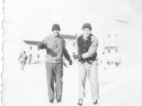 Sam Tomai and Joe Takata ice skate at Camp McCoy, Wisconsin, December 1942 [Courtesy of Sandy Tomai Erlandson]