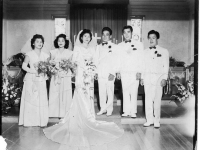 The wedding of Stanley Teruya and Frances Yonamine with Goro Sumida as best man and Richard Yamamoto in the wedding party (Courtesy of Ethel Teruya)