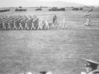 100th Battallion practices marching in formation at Camp McCoy, Wisconsin. [Courtesy of Lorraine Miyashiro]