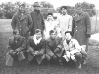 Sept. 26. Madison. L to R 1st Row: Tom Ibaraki, James Ching, Miss Ching - not sister, Wallace Tom, Atsuo Sahara, Second Row: Dick Sasaki, Me, Walter Moriguchi, Francis Tom. [Courtesy of Leslie Taniyama]