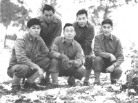 Sept. 26, 1942. Camp McCoy. My Squad L to R. Back Row Yasuo Yasui, Donald Nagasaki, Front row - T. Okumura, Me. I. Inouye. [Courtesy of Leslie Taniyama]