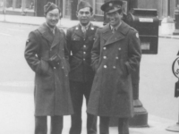 Tom Matsumura (far left) and friends on the corner of 34th and 5th Avenues, the Empire State Building is in the background. [Courtesy of Florence Matsumura]