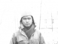 Pvt. Clearance Kamisato in his winter clothing Camp McCoy. [Courtesy of Carl Tonaki]