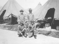 Joe Nakahara and friends in “tent city” at Camp McCoy, Wisconsin, 1942. [Courtesy of Velma Nakahara]