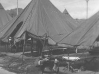 Joe Nakahara kids around in “tent city” at Camp McCoy, Wisconsin, 1942. [Courtesy of Velma Nakahara]