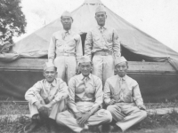 Joe Nakahara and friends at Camp McCoy, Wisconsin. [Courtesy of Velma Nakahara]