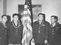 Four of the eighteen original 100th Battalion officer from left to right: 1st Lt. Shigeru Tsubota, Capt. Kiyoshi Kuramoto, Major Mitsuyoshi Fukuda, 1st Lt. Sparky Matsunaga.