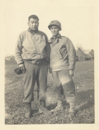 Captain Kometani and Hiromi Suehiro at Camp McCoy, Wisconsin. [Courtesy of Dorothy Kometani]