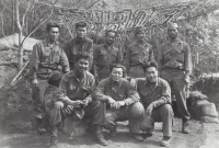 Headquarters gang in Civitavecchia, Italy.  First row (l-r): Albert Oki, Isaac Akinaka, Edward Saito. Second row (l-r): Akiyoshi Kuriyama, Hidenobu Hiyane, James Oki, David Suzuki. [Courtesy of Fumie Hamamura]