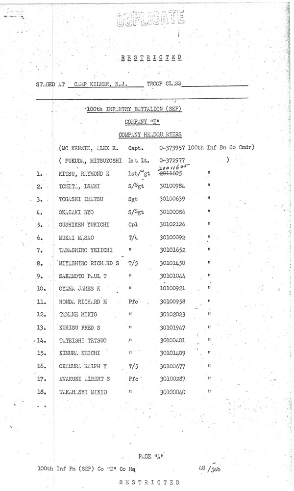 First page of E Company's manifest